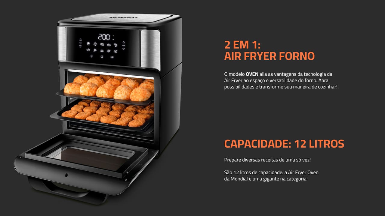 O modelo OVEN alia as vantagens da tecnologia da Air Fryer ao espaço e versatilidade do forno. Você pode assar, cozinhar e fritar sem óleo e com perfeição. Cesto de 5 Litros + 3 exclusivas assadeiras: Você tem a opção de usar as três exclusivas assadeiras com antiaderente, que são resistentes e fáceis de usar e limpar. As 2 assadeiras são ideias para pão de queijo, nuggets, pizza, entre outros e 1 assadeira fechada para preparar assados e alimentos com molho. Já o cesto, com capacidade de 5 litros, é indicado para preparar assados, batata frita, bolo e muito mais!