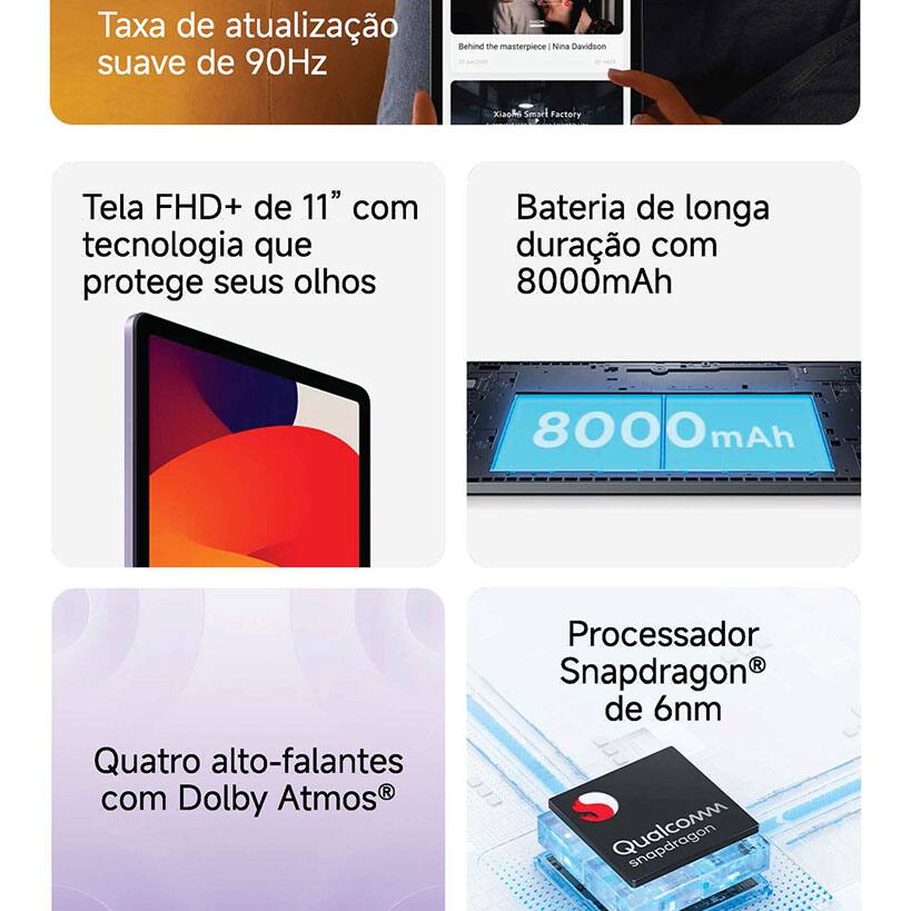 O Tablet Redmi Pad SE é a escolha perfeita para quem busca um aparelho com bateria de longa duração, grande capacidade de armazenamento e câmera principal nítida com 8 MP para registrar os melhores momentos. A bateria de longa duração (8000mAh) elimina as preocupações em recarregar o tablet enquanto você viaja, assiste a vídeos ou participa de reuniões on-line.