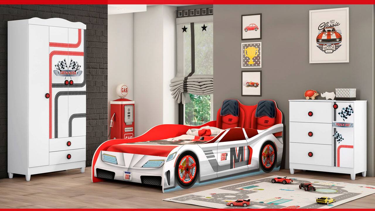 Mini Cama Infantil Carro de Corrida Vermelho + Colchão e Protetor