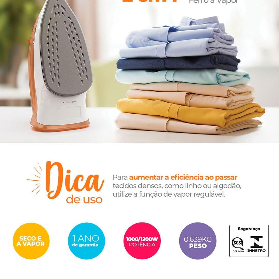 Eficiência ao passar suas roupas O Ferro de Passar Cadence IRO210 é um verdadeiro aliado para garantir que suas roupas estejam sempre lisinhas e sem rugas ou vincos, apresentando 17 saídas de vapor que garantem um deslizamento suave e eficiente sobre os tecidos. Com um novo tanque de água de 160 ml, este modelo possui três vezes mais capacidade de armazenamento em comparação ao anterior, permitindo um trabalho contínuo e sem interrupções. Além disso, o ferro também combate odores leves, proporcionando uma sensação de frescor e cheirinho de novo em suas roupas.