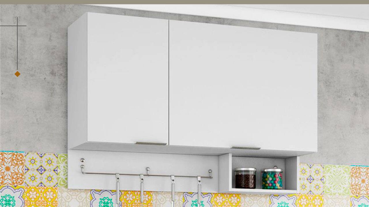 imagem frontal frente Armário Basculante Bartira Rubi branco potes pequenos potinhos decorativos utensílios pendurados fundo parede cinza colorida cerâmica