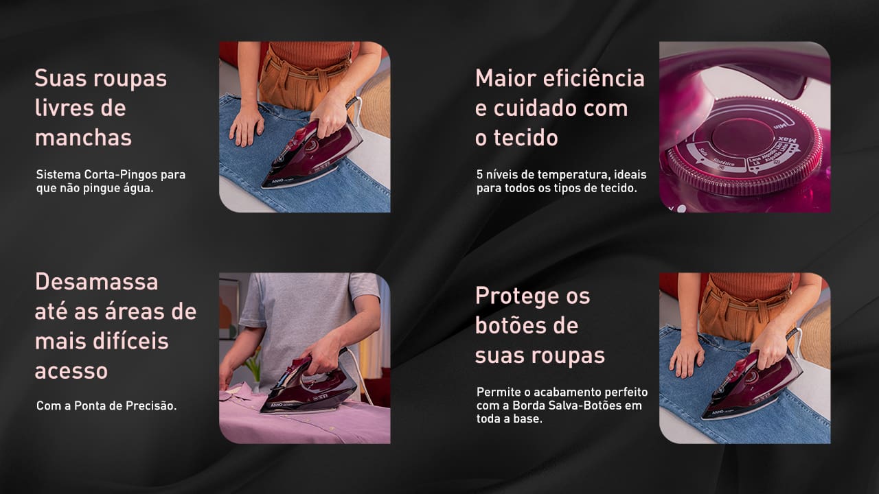 Ferro de Passar a Vapor Arno Ultragliss. Que tal facilitar aquele momento de  passar as roupas? Para deixá-las impecáveis, conte com o Ferro de Passar Arno Ultragliss! Ele pode ser usado no modo a vapor ou a seco, facilitando ainda mais a tarefa. Além disso, o eletroportátil possui cabo de 2 metros de comprimento, que proporciona maior liberdade de movimento, e reservatório com capacidade para 270ml de água.