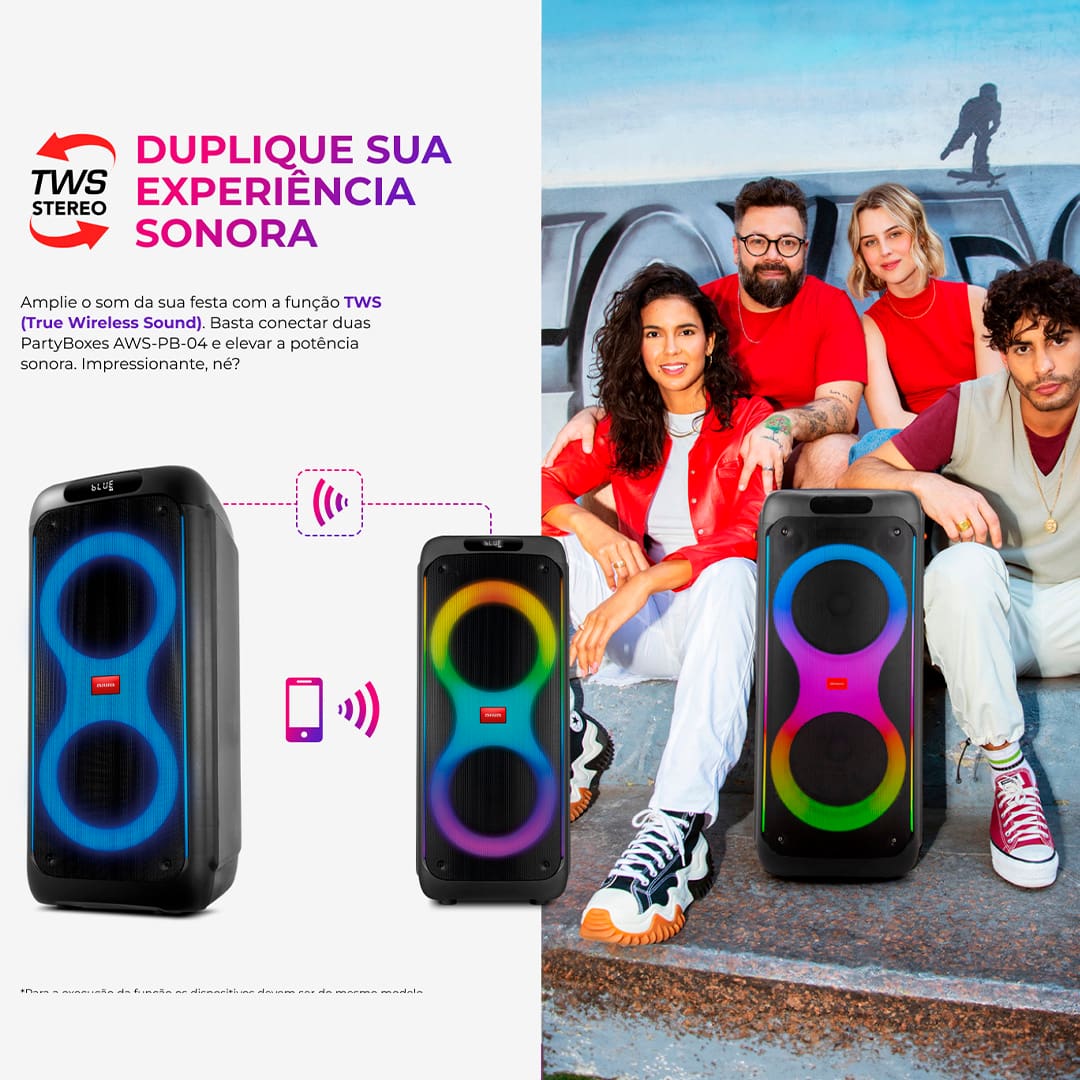 Controle Tudo Pelo Celular Conecte-se com as suas playlist, abaixe ou aumente o volume e desligue o aparelho com alguns toques em seu Smartphone. 18 Horas de Duração Comemore momentos e aproveite as suas músicas favoritas por até 18hs com única carga! Com sua potência de 260W RMS a caixa de som Party box é o modelo adequado quem procura qualidade de som e alto rendimento de bateria. Qualidade de Áudio Suas canções vão ser ouvidas com a melhor qualidade por conta dos 2 woofers de 10’’ disponíveis na AIWA PB-O4 que entregam reproduções sem distorções, com graves potentes e agudos mais nítidos a cada acorde!