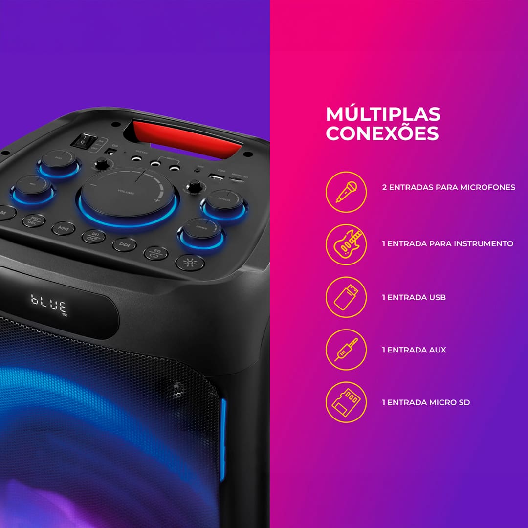 Controle Tudo Pelo Celular Conecte-se com as suas playlist, abaixe ou aumente o volume e desligue o aparelho com alguns toques em seu Smartphone. 18 Horas de Duração Comemore momentos e aproveite as suas músicas favoritas por até 18hs com única carga! Com sua potência de 260W RMS a caixa de som Party box é o modelo adequado quem procura qualidade de som e alto rendimento de bateria. Qualidade de Áudio Suas canções vão ser ouvidas com a melhor qualidade por conta dos 2 woofers de 10’’ disponíveis na AIWA PB-O4 que entregam reproduções sem distorções, com graves potentes e agudos mais nítidos a cada acorde!