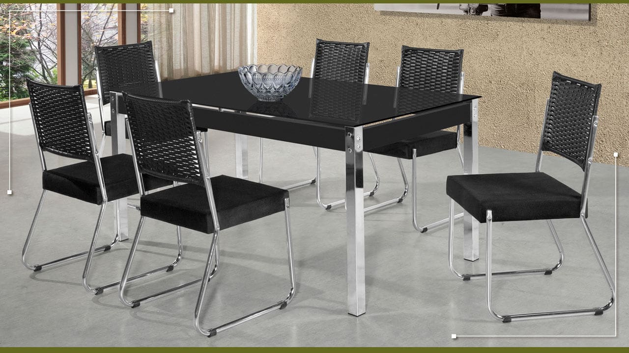 Mesa de Jantar Aço Nobre Cláudia com 6 Cadeiras Cromado Preto