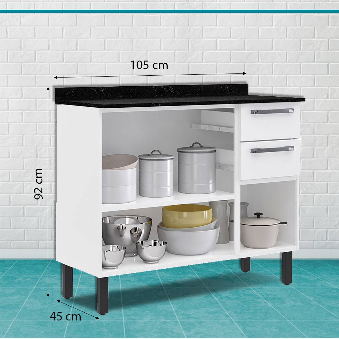Balcão Itatiaia branco portas abertas gavetas fechadas flechas indicativas indicação tamanho dimensões móvel altura largura comprimento cm centímetros parte interna exposta interior dentro visível potes panelas bowls utensílios domésticos guardados armazenados chão piso azul verde fundo parede branca tijolos