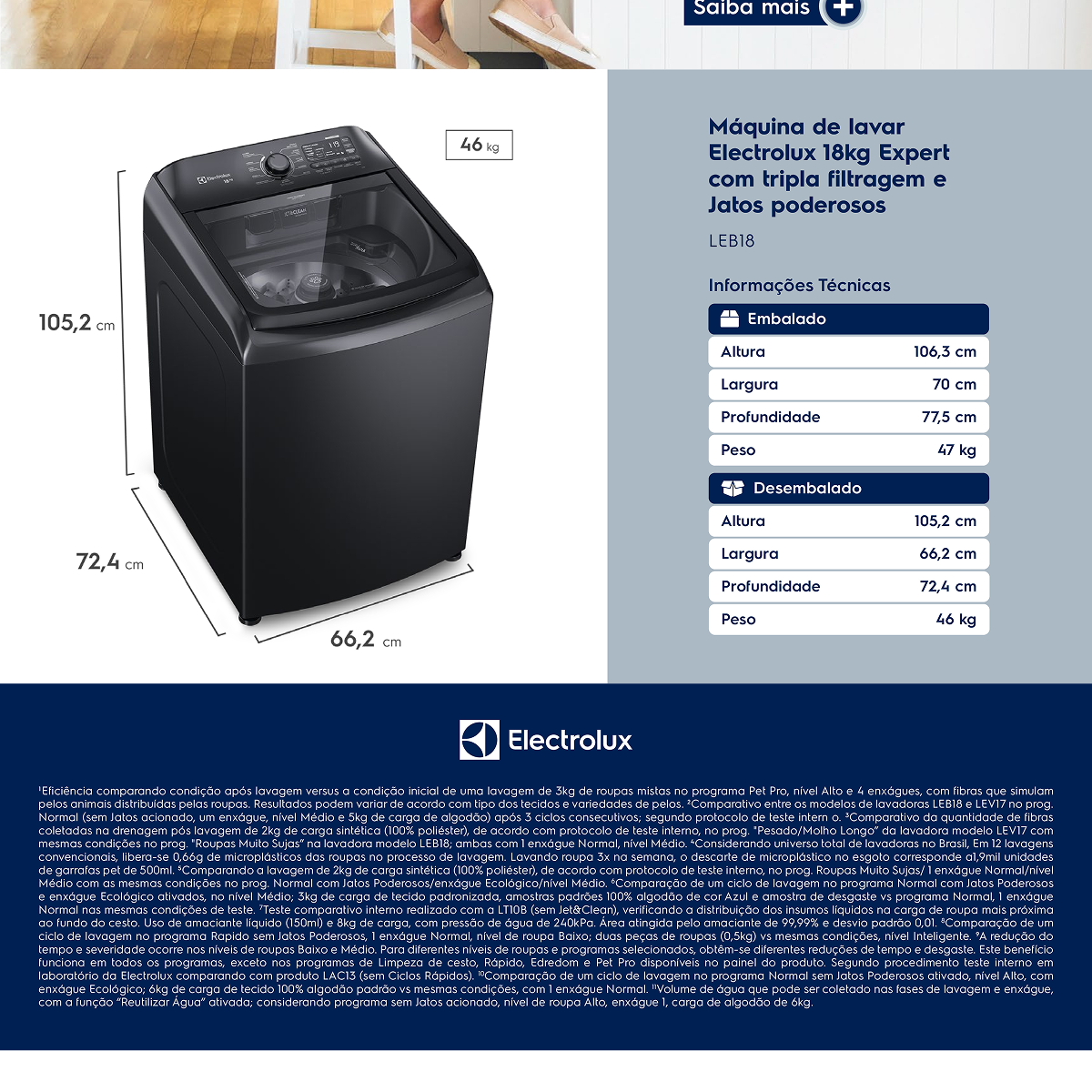 Lavadora de Roupas Electrolux Expert LEB18 18kg