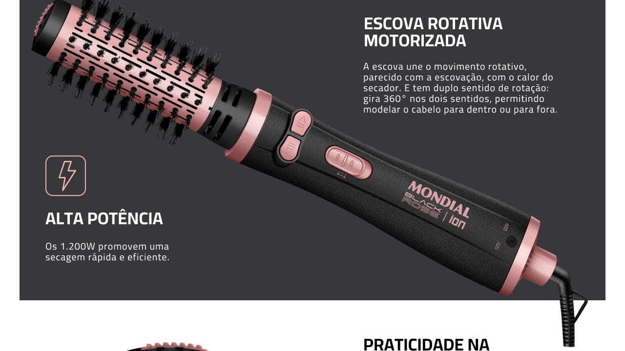 Escova Rotativa Mondial ERB-01 Preto Golden Rose