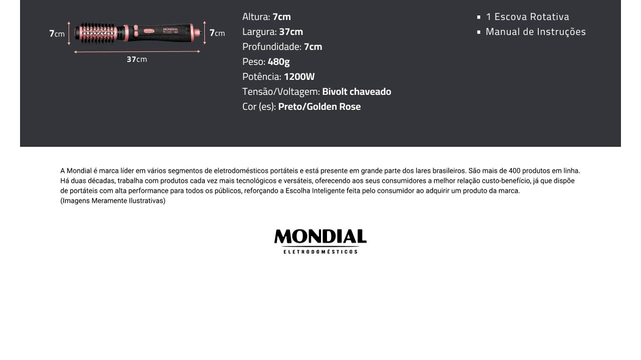 Escova Rotativa Mondial ERB-01 Preto Golden Rose