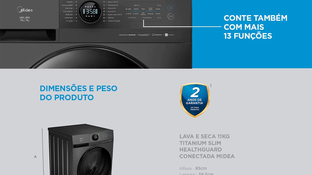 Lava e Seca Midea Slim HealthGuard Smart MF201D110