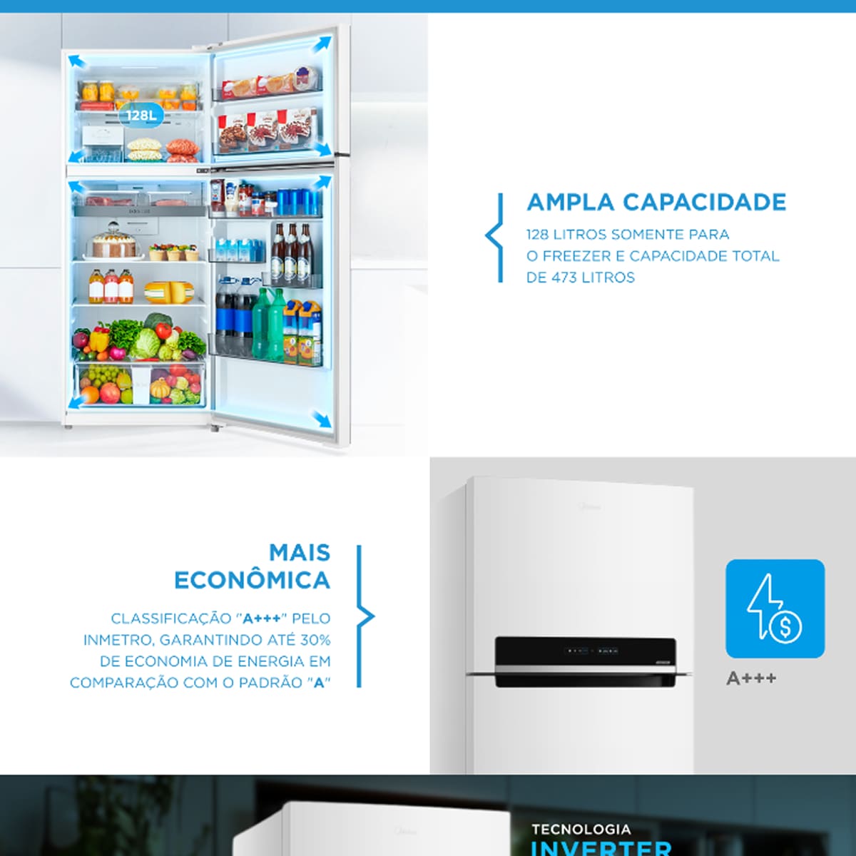 Geladeira Midea Frost Free Duplex 473 Litros Branca com tecnologia Inverter e Painel Touch