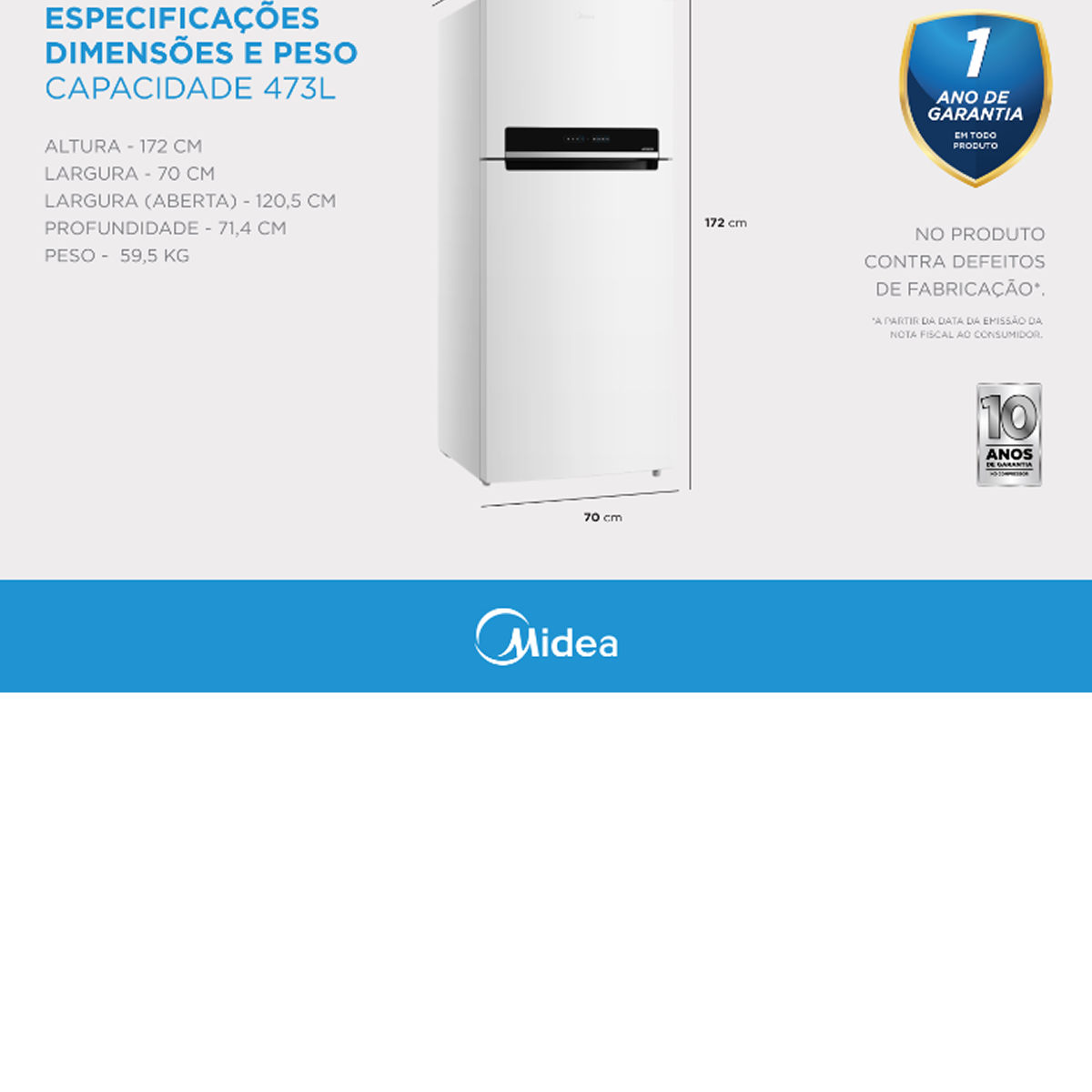 Geladeira Midea Frost Free Duplex 473 Litros Branca com tecnologia Inverter e Painel Touch