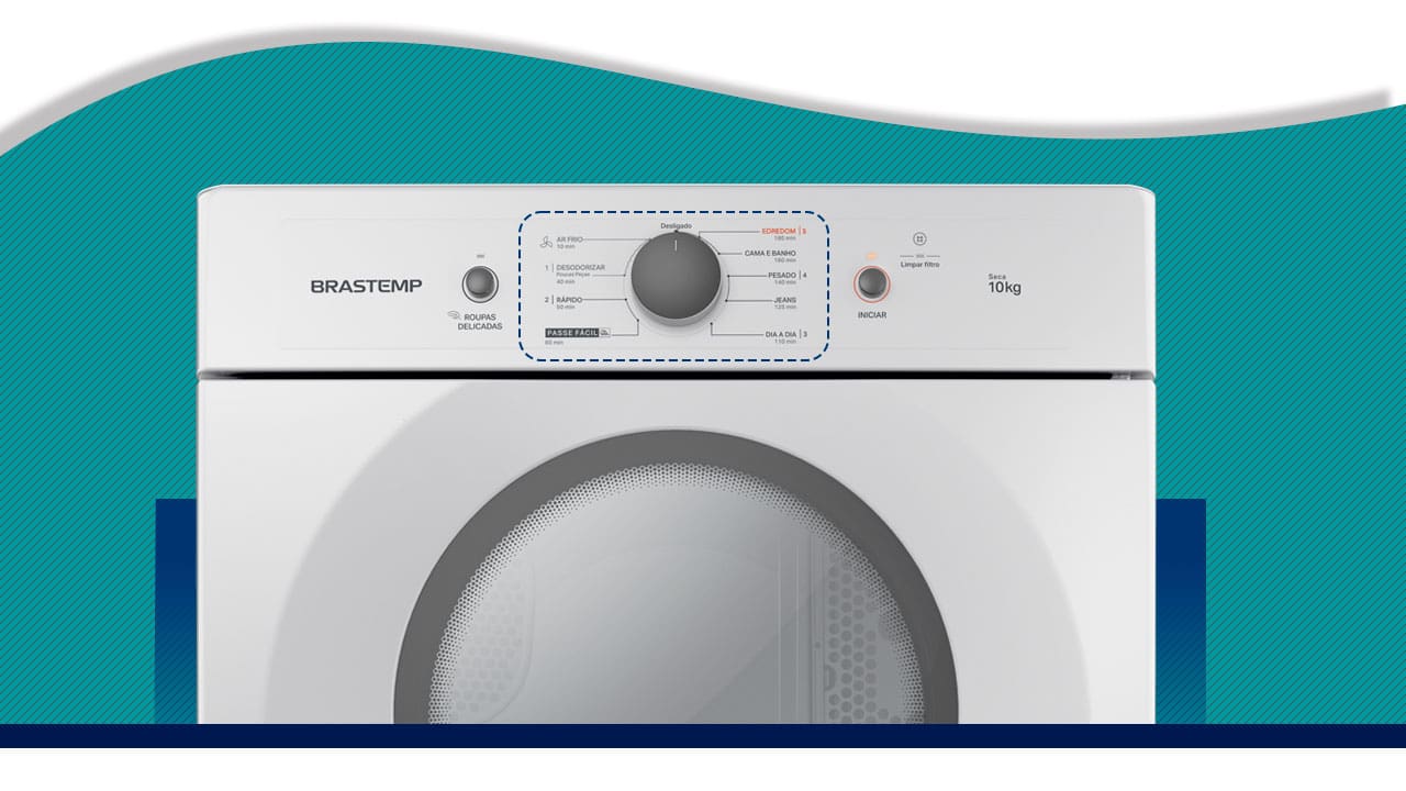 secadora roupas brastemp BSR10BB aparelho equipamento branco de frente parte de cima botões porta fechada
