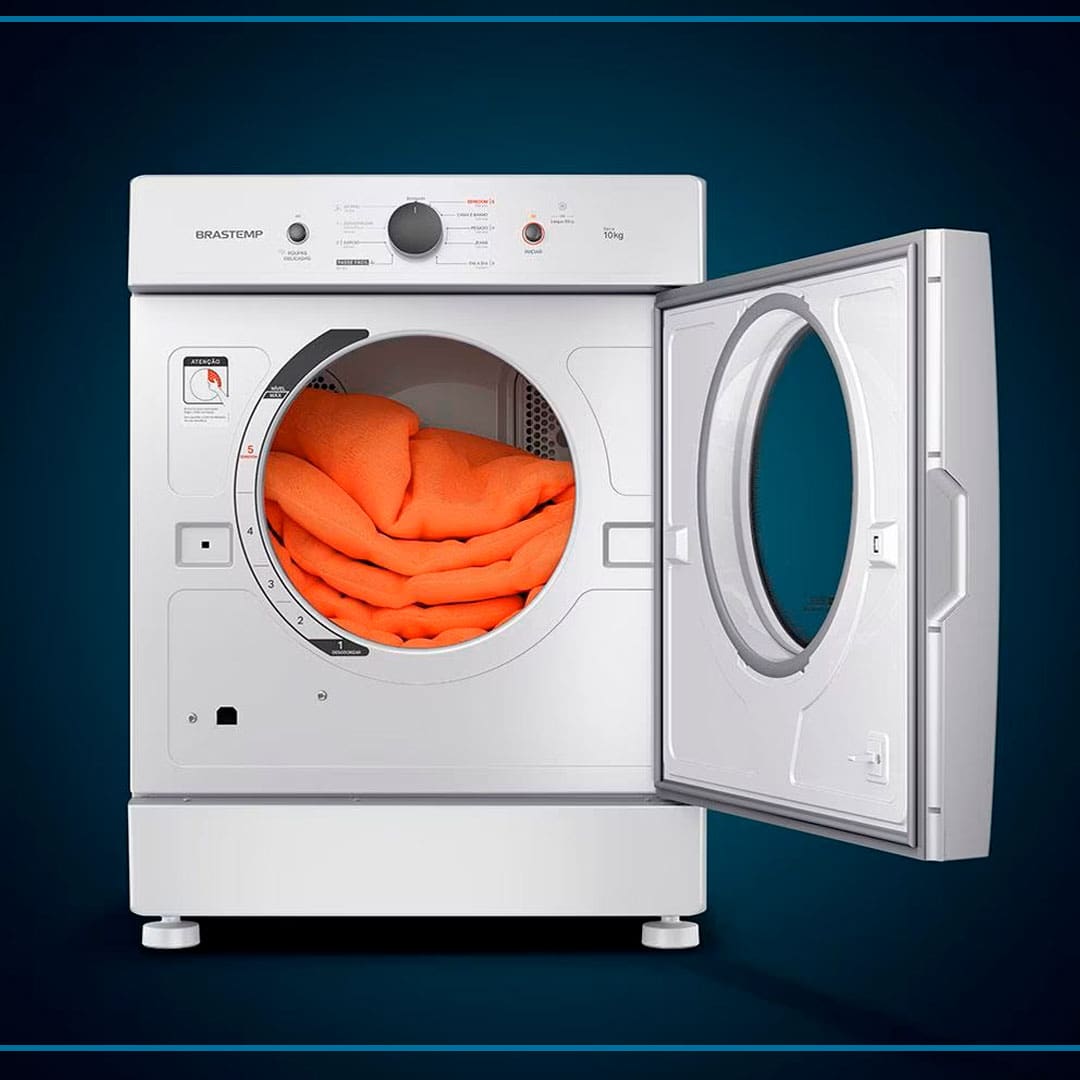 Secadora de Roupas Brastemp BSR10BB equipamento porta aberta edredom cobertor laranja parte interna dentro