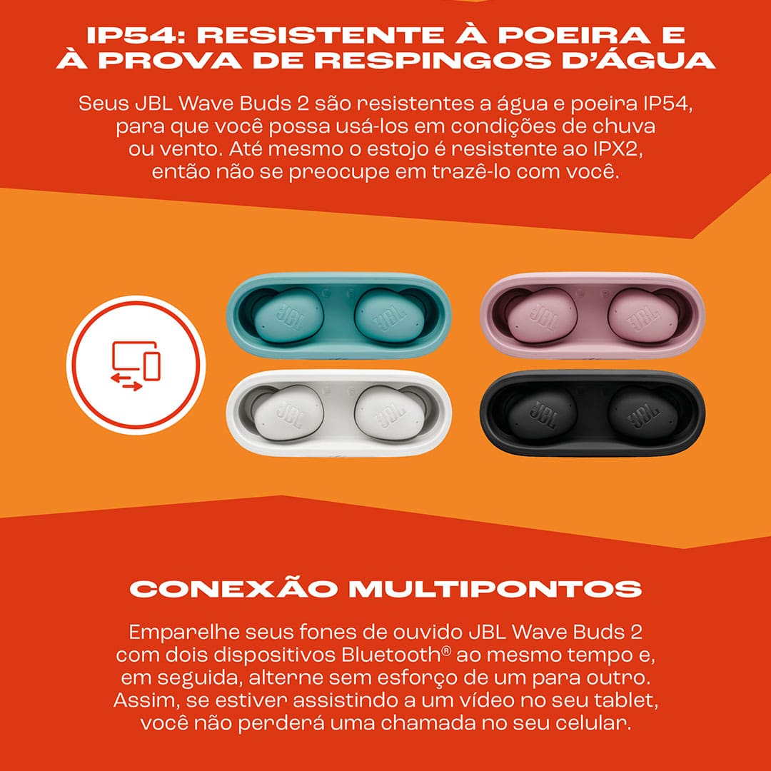 Som JBL Pure Bass para uma experiência imersiva Os fones de ouvido JBL Wave Buds 2 possuem drivers dinâmicos de 8 mm que oferecem o icônico som JBL Pure Bass, proporcionando graves profundos e uma experiência auditiva empolgante. Seja para ouvir músicas, podcasts ou assistir a vídeos, o som é claro, potente e envolvente, garantindo qualidade em qualquer momento do seu dia.