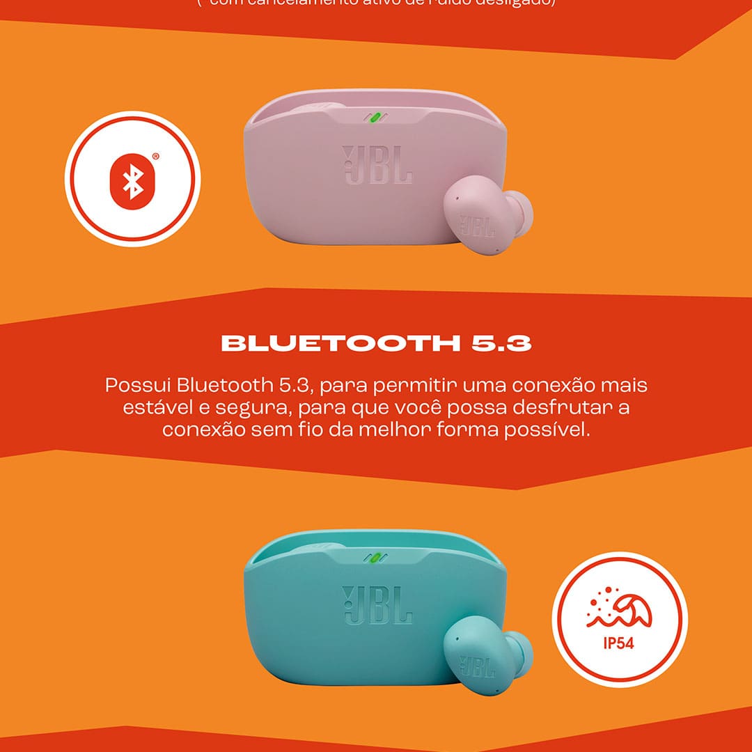 Som JBL Pure Bass para uma experiência imersiva Os fones de ouvido JBL Wave Buds 2 possuem drivers dinâmicos de 8 mm que oferecem o icônico som JBL Pure Bass, proporcionando graves profundos e uma experiência auditiva empolgante. Seja para ouvir músicas, podcasts ou assistir a vídeos, o som é claro, potente e envolvente, garantindo qualidade em qualquer momento do seu dia.