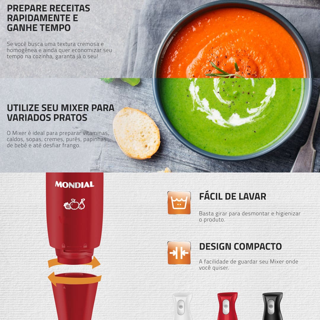 Prepare receitas com texturas homogêneas, como vitaminas, caldos, sopas, cremes, purês e papinhas de bebê, com mais facilidade no seu dia a dia. Leve agora mesmo o Mixer Mondial Pratic M-15-R Vermelho para sua cozinha!  Um produto excelente com lâmina de aço inox de múltipla ação e 2 em 1 - que permite bater e triturar os ingredientes. E, com o copo de 600 ml, fica mais fácil preparar e o armazenar os pratos.  Leve e ergonômico oferece um manuseio confortável e prático. É fácil de lavar e possui design compacto que o torna prático de guardar onde você desejar.  Ganhe tempo na cozinha, tenha um Mixer da Mondial e aproveite!