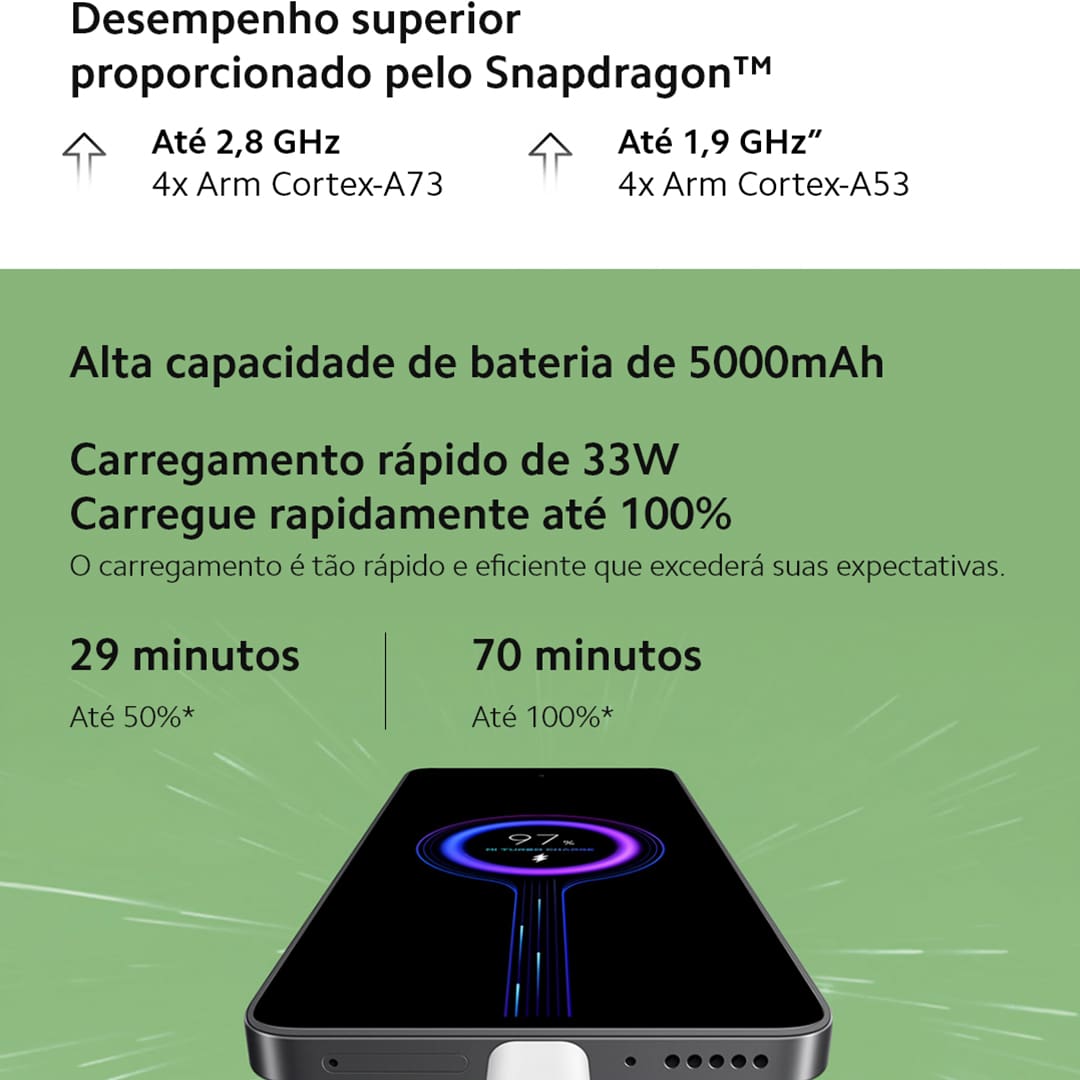 Desempenho turbo para uma experiência sem limites Com desempenho excepcional, o Xiaomi Redmi Note 13 transforma tarefas cotidianas em experiências fluidas e agradáveis, permitindo que você explore um mundo de possibilidades sem interrupções. Equipado com processador Qualcomm Snapdragon 685, ele impulsiona sua criatividade com velocidade e potência para jogos, streaming, aplicativos e muito mais.