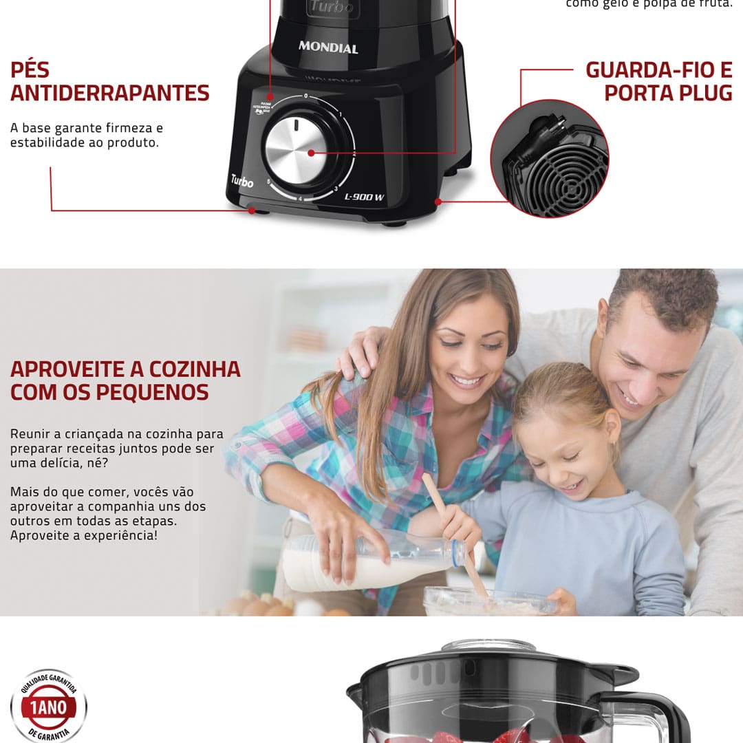 Liquidificador Mondial Turbo Full Black L900FB Preto 900W com 5 Velocidades