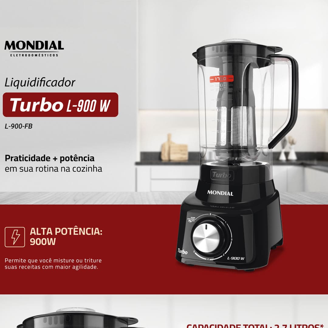 Liquidificador Mondial Turbo Full Black L900FB Preto 900W com 5 Velocidades