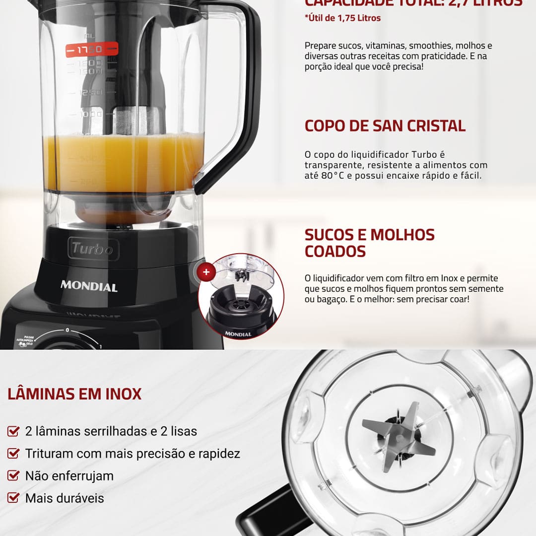 Liquidificador Mondial Turbo Full Black L900FB Preto 900W com 5 Velocidades
