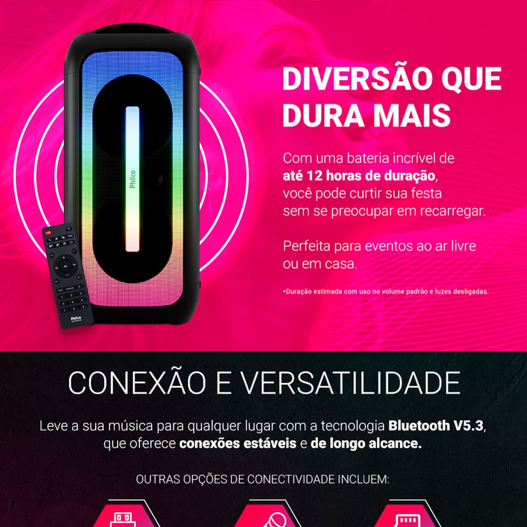 A Caixa de Som Amplificada Philco PCX6701 oferece uma experiência sonora incrível com 650W de potência, proporcionando qualidade e volume ideais para qualquer ambiente. Equipado com dois woofers de 6,5” e um tweeter, o som é equilibrado, com graves profundos e agudos nítidos, garantindo uma reprodução de áudio impecável para todas as suas músicas.