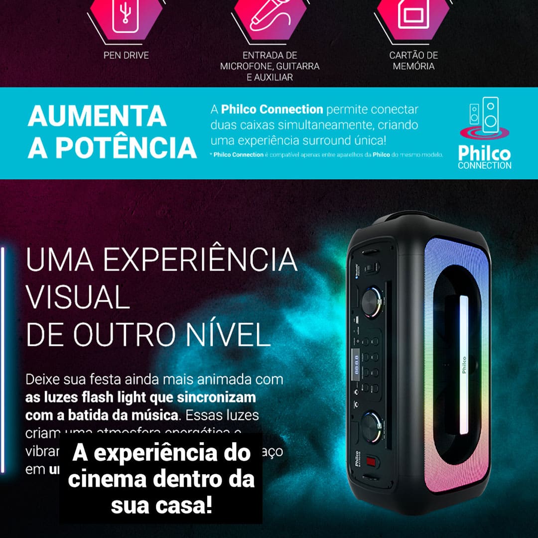 A Caixa de Som Amplificada Philco PCX6701 oferece uma experiência sonora incrível com 650W de potência, proporcionando qualidade e volume ideais para qualquer ambiente. Equipado com dois woofers de 6,5” e um tweeter, o som é equilibrado, com graves profundos e agudos nítidos, garantindo uma reprodução de áudio impecável para todas as suas músicas.