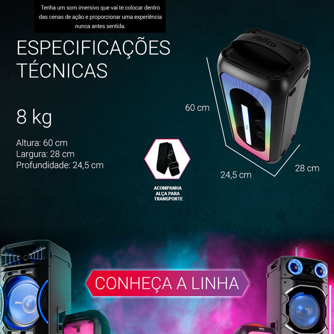 A Caixa de Som Amplificada Philco PCX6701 oferece uma experiência sonora incrível com 650W de potência, proporcionando qualidade e volume ideais para qualquer ambiente. Equipado com dois woofers de 6,5” e um tweeter, o som é equilibrado, com graves profundos e agudos nítidos, garantindo uma reprodução de áudio impecável para todas as suas músicas.