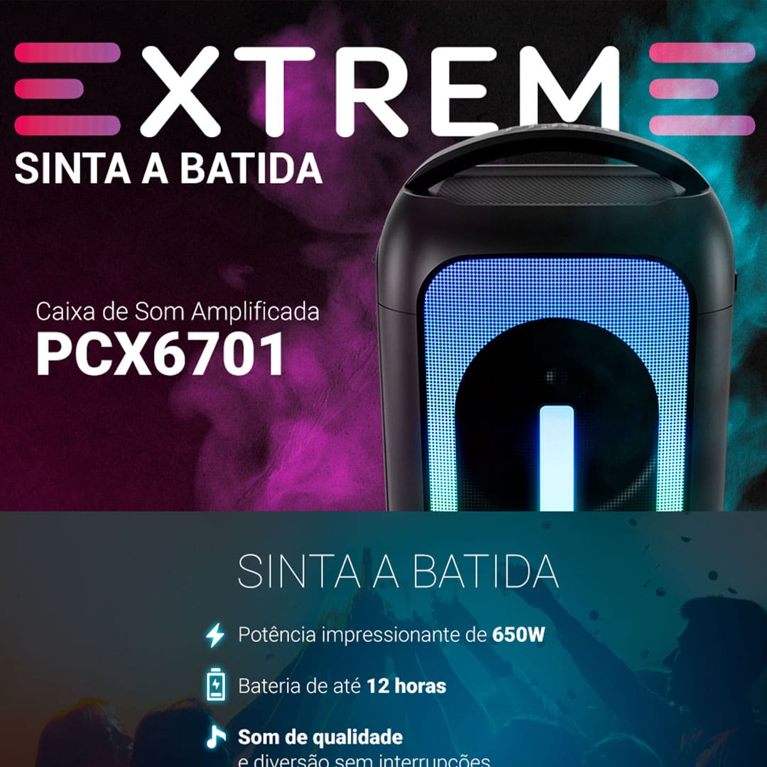 A Caixa de Som Amplificada Philco PCX6701 oferece uma experiência sonora incrível com 650W de potência, proporcionando qualidade e volume ideais para qualquer ambiente. Equipado com dois woofers de 6,5” e um tweeter, o som é equilibrado, com graves profundos e agudos nítidos, garantindo uma reprodução de áudio impecável para todas as suas músicas.