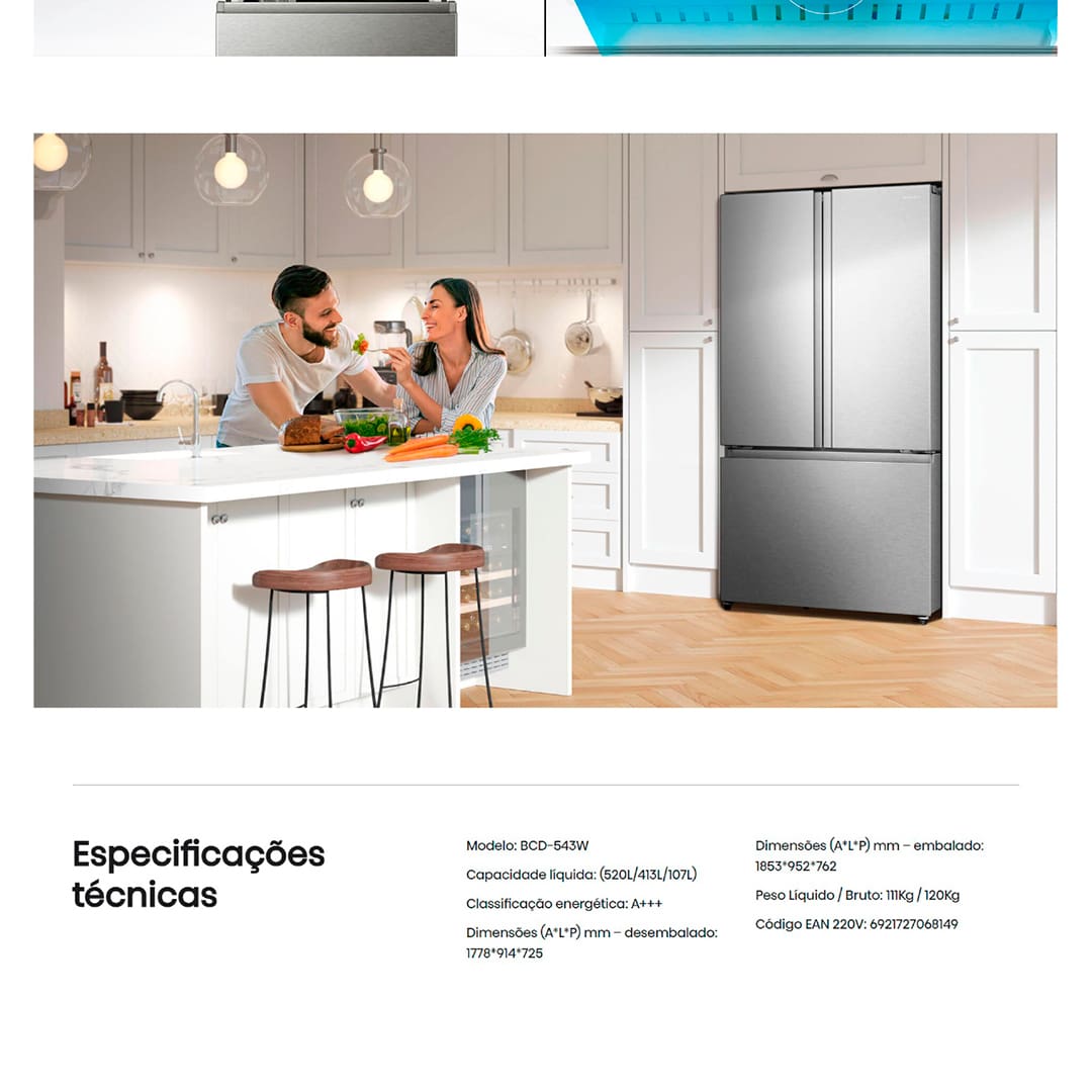 Geladeira Hisense French Door RF-68W Frost Free com Tecnologia Inverter e Dispenser de Água e Gelo Internos 110V Inox Look – 520 L