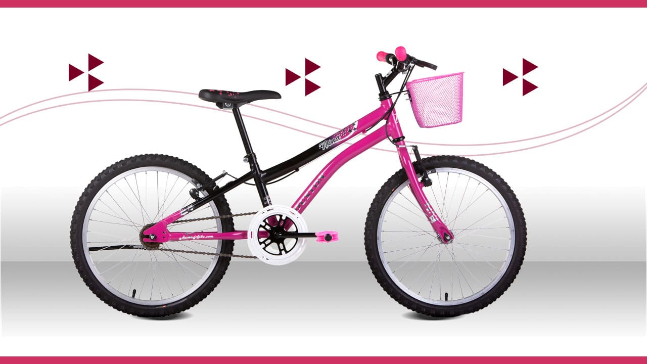 imagem lateral bicicleta infantil houston nina rosa preta cesto frontal