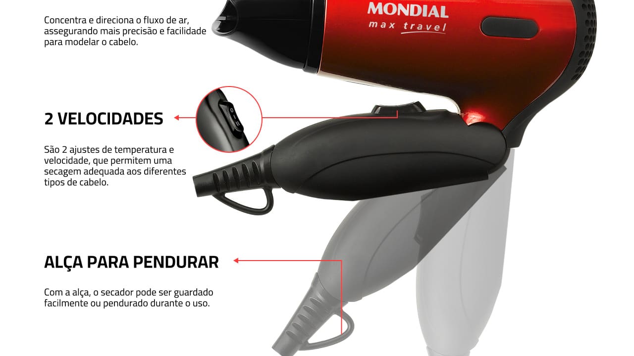 Secador de Cabelos Mondial Max Travel SC-10 Preto Vermelho