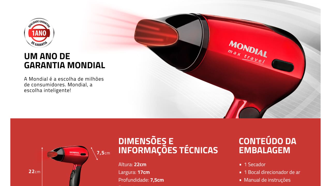 Secador de Cabelos Mondial Max Travel SC-10 Preto Vermelho