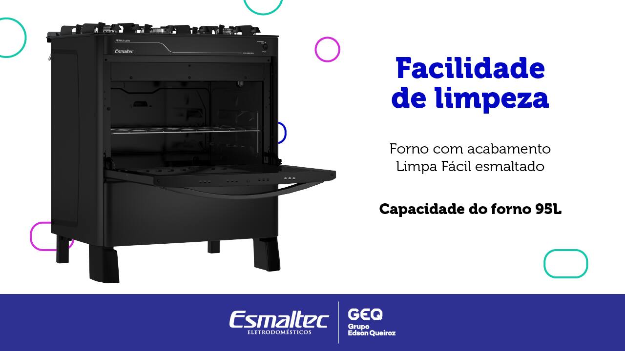 Mesa em Vidro Temperado O Fogão de piso Esmaltec 5 Bocas Pérola Glass 5115 oferece uma mesa em vidro temperado, garantindo alta qualidade e resistência. Este material não só proporciona um design sofisticado à cozinha, mas também assegura durabilidade para suportar o uso diário.