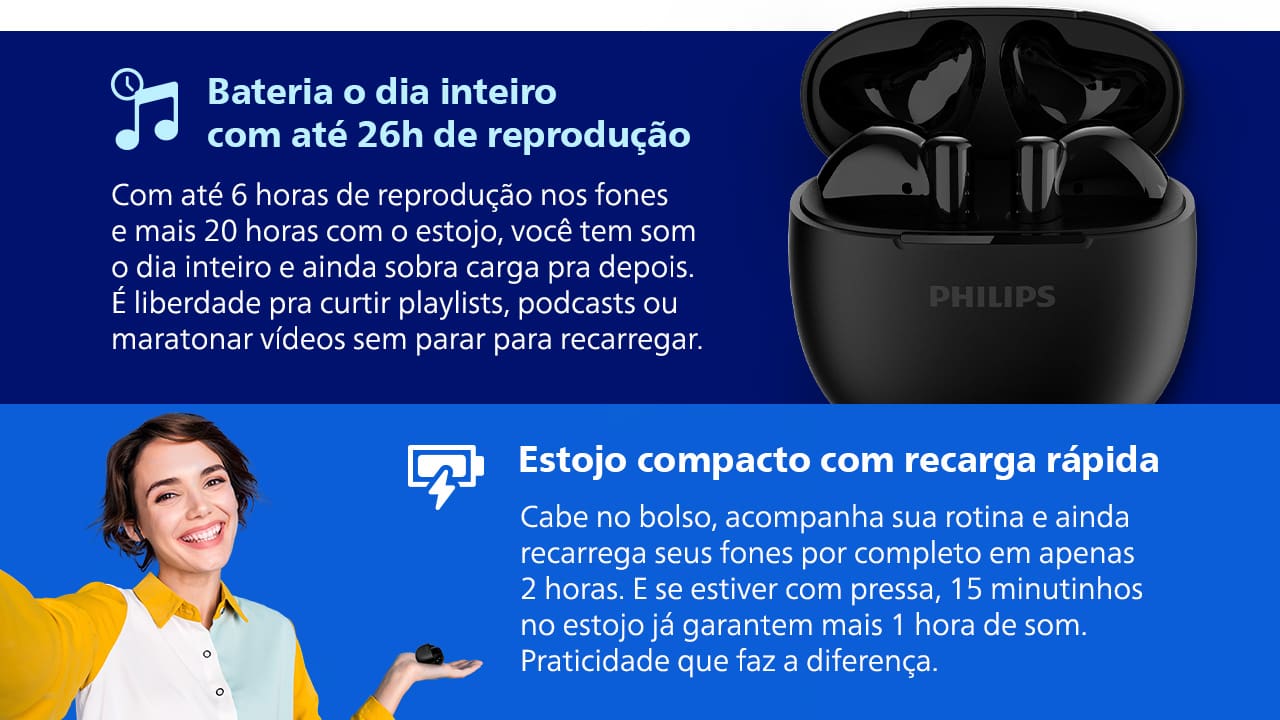 Fone de Ouvido Philips TAT1139BK/00 Bluetooth TWS IPX4 26h de Bateria Preto