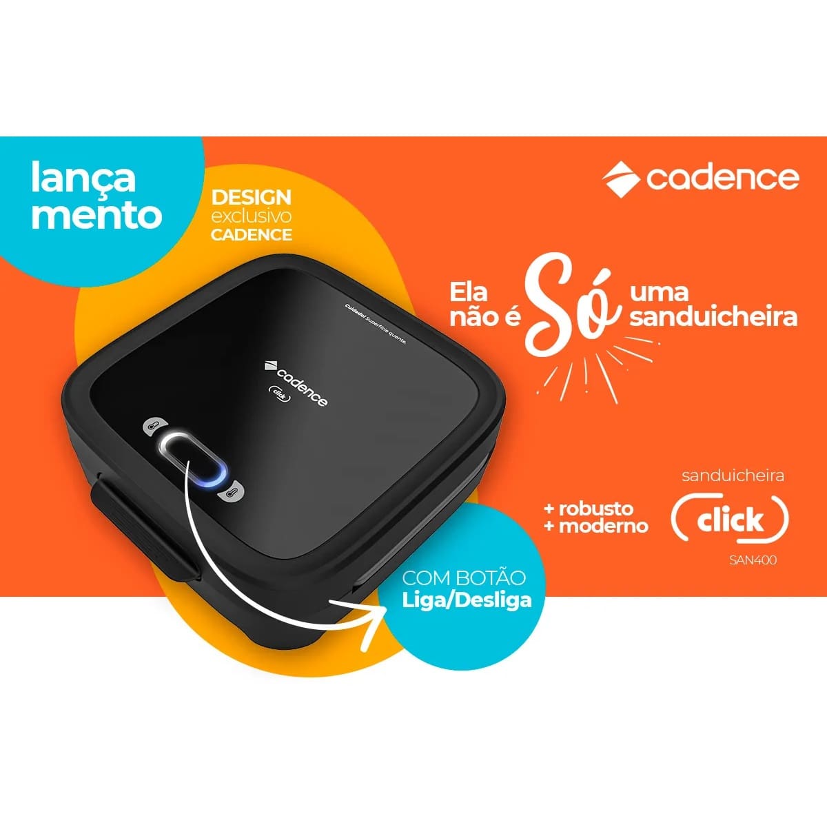 Sanduicheira Elétrica Cadence Click 750W com Botão Liga e Desliga - SAN400