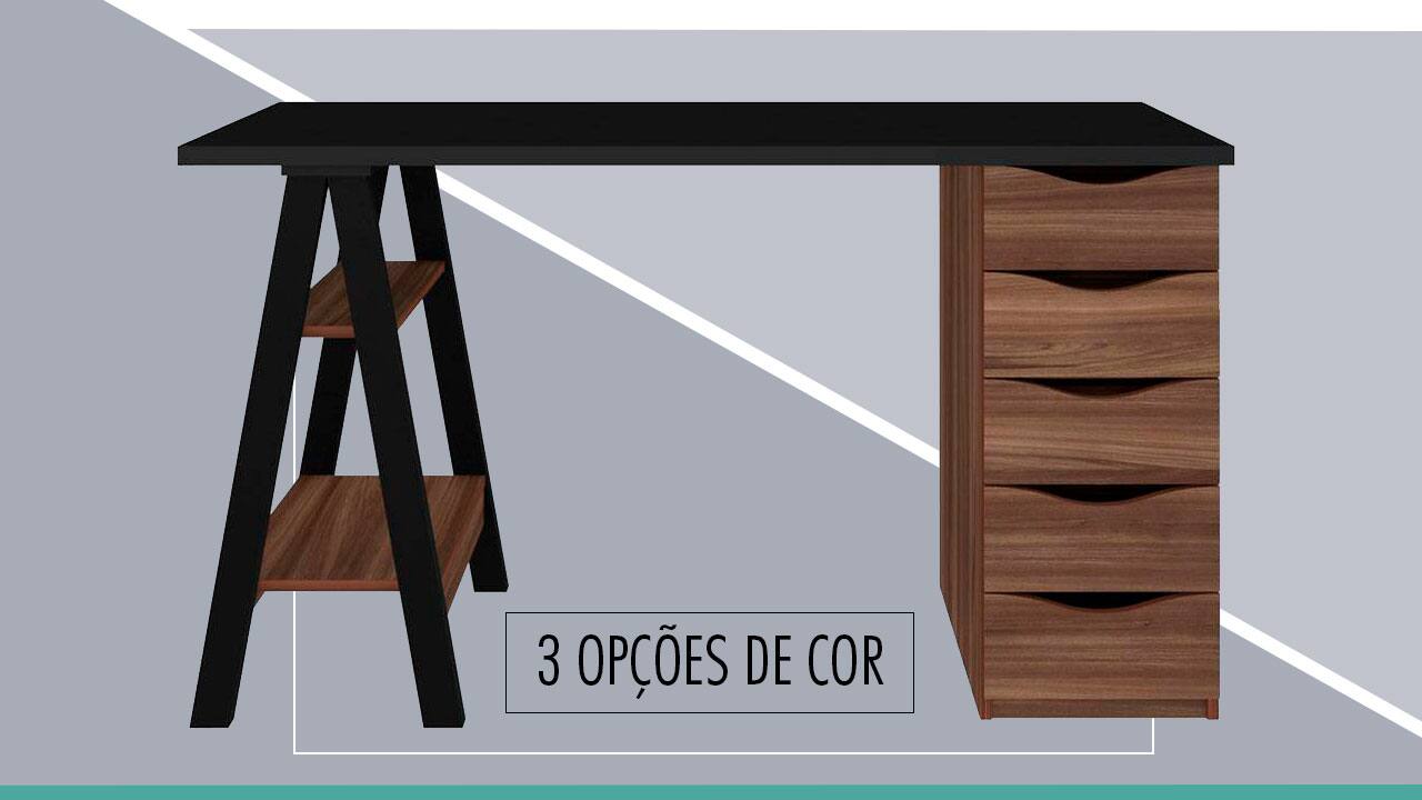 imagem mostra a escrivaninha na cor preto/ipê e destaca que o móvel tem 3 opções de cor