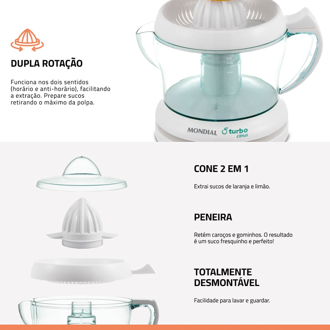 Espremedor de Frutas Mondial Turbo Citrus Para promover hábitos mais saudáveis, experimente o Espremedor de Frutas Mondial Turbo Citrus! Muito prático, o modelo Turbo Citrus da Mondial oferece a rapidez que você precisa no dia a dia para fazer sucos maravilhosos para sua família. Com motor síncrono superpotente, é possível preparar vários sucos de maneira simples e prática.