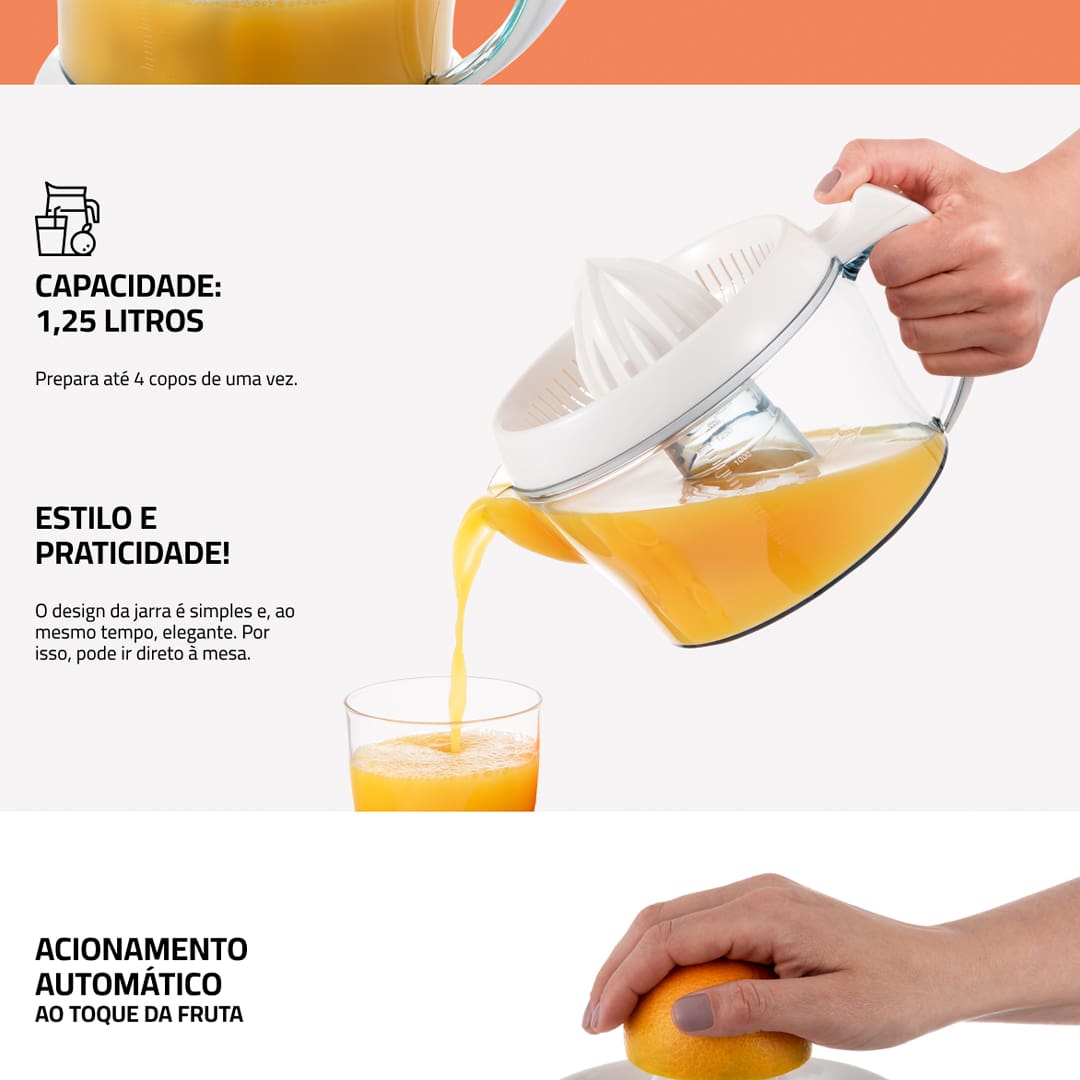 Espremedor de Frutas Mondial Turbo Citrus Para promover hábitos mais saudáveis, experimente o Espremedor de Frutas Mondial Turbo Citrus! Muito prático, o modelo Turbo Citrus da Mondial oferece a rapidez que você precisa no dia a dia para fazer sucos maravilhosos para sua família. Com motor síncrono superpotente, é possível preparar vários sucos de maneira simples e prática.