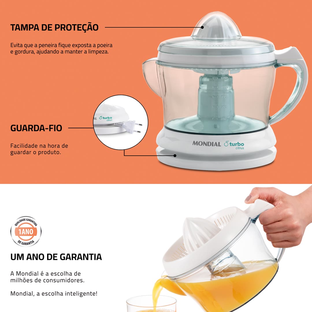 Espremedor de Frutas Mondial Turbo Citrus Para promover hábitos mais saudáveis, experimente o Espremedor de Frutas Mondial Turbo Citrus! Muito prático, o modelo Turbo Citrus da Mondial oferece a rapidez que você precisa no dia a dia para fazer sucos maravilhosos para sua família. Com motor síncrono superpotente, é possível preparar vários sucos de maneira simples e prática.