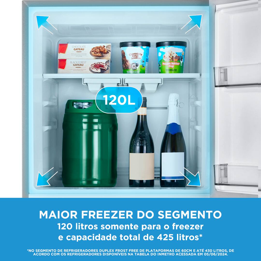 Espaço e modernidade. A Geladeira Frost Free Duplex 425 litros da Midea é a escolha perfeita para quem busca uma combinação de espaço e design moderno. Com o maior freezer do segmento, oferecendo 120 litros, ela proporciona amplo armazenamento para todas as suas necessidades, sem abrir mão da sofisticação.