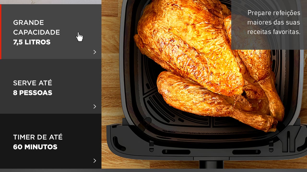 Capacidade para toda a família A Fritadeira Elétrica Sem Óleo Air Fryer Arno AFD7 Mega Digital é perfeita para grandes famílias ou ocasiões especiais, com sua capacidade de 7,5 litros. Esse espaço amplo permite preparar porções generosas para até 8 pessoas de uma só vez, garantindo praticidade e rapidez nas suas receitas favoritas. Tecnologia Hot Air para resultados Crocantes Com a avançada tecnologia Hot Air, a Air Fryer Arno AFD7 proporciona alimentos crocantes e saborosos, com menos óleo, mantendo a textura e o sabor irresistíveis. As refeições ficam mais saudáveis e nutritivas, sem abrir mão da crocância perfeita que todos amam. Painel digital com 8 programações A praticidade é garantida pelo painel digital intuitivo, que oferece 8 programas pré-definidos para preparar diversos tipos de alimentos com apenas um toque. Além disso, o temporizador ajustável de até 60 minutos com desligamento automático oferece maior segurança e tranquilidade no preparo das refeições. Potente e fácil de limpar A Air Fryer Arno AFD7 conta com um revestimento antiaderente que facilita a limpeza, tornando essa etapa muito mais simples e rápida. Com 1700W de potência, ela oferece alta performance e eficiência, proporcionando resultados incríveis em menos tempo, além de mais praticidade na sua rotina diária.