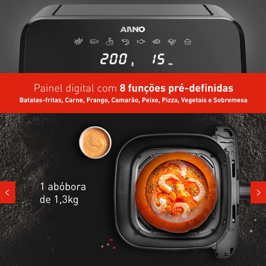 Capacidade para toda a família A Fritadeira Elétrica Sem Óleo Air Fryer Arno AFD7 Mega Digital é perfeita para grandes famílias ou ocasiões especiais, com sua capacidade de 7,5 litros. Esse espaço amplo permite preparar porções generosas para até 8 pessoas de uma só vez, garantindo praticidade e rapidez nas suas receitas favoritas. Tecnologia Hot Air para resultados Crocantes Com a avançada tecnologia Hot Air, a Air Fryer Arno AFD7 proporciona alimentos crocantes e saborosos, com menos óleo, mantendo a textura e o sabor irresistíveis. As refeições ficam mais saudáveis e nutritivas, sem abrir mão da crocância perfeita que todos amam. Painel digital com 8 programações A praticidade é garantida pelo painel digital intuitivo, que oferece 8 programas pré-definidos para preparar diversos tipos de alimentos com apenas um toque. Além disso, o temporizador ajustável de até 60 minutos com desligamento automático oferece maior segurança e tranquilidade no preparo das refeições. Potente e fácil de limpar A Air Fryer Arno AFD7 conta com um revestimento antiaderente que facilita a limpeza, tornando essa etapa muito mais simples e rápida. Com 1700W de potência, ela oferece alta performance e eficiência, proporcionando resultados incríveis em menos tempo, além de mais praticidade na sua rotina diária.