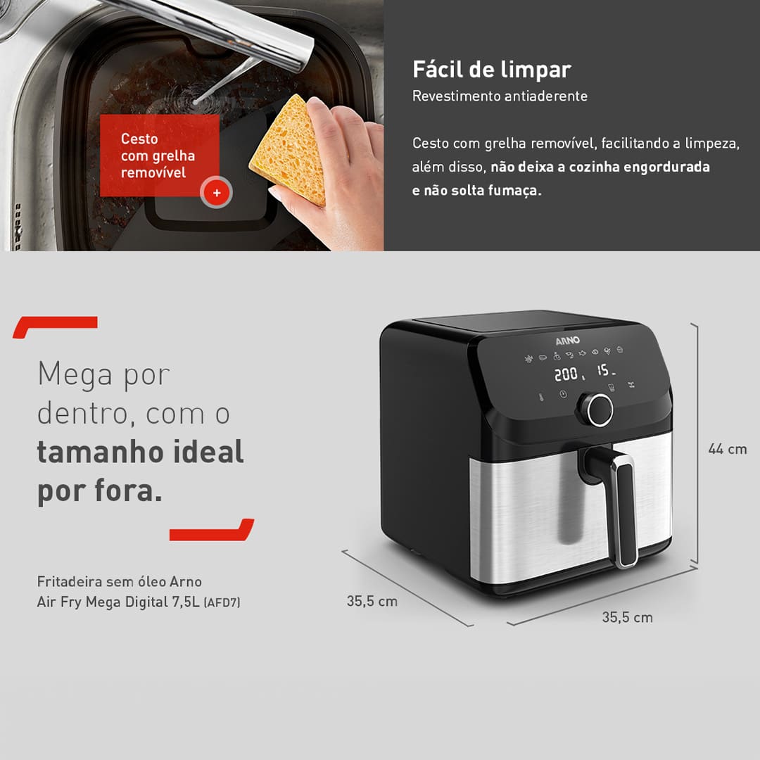Capacidade para toda a família A Fritadeira Elétrica Sem Óleo Air Fryer Arno AFD7 Mega Digital é perfeita para grandes famílias ou ocasiões especiais, com sua capacidade de 7,5 litros. Esse espaço amplo permite preparar porções generosas para até 8 pessoas de uma só vez, garantindo praticidade e rapidez nas suas receitas favoritas. Tecnologia Hot Air para resultados Crocantes Com a avançada tecnologia Hot Air, a Air Fryer Arno AFD7 proporciona alimentos crocantes e saborosos, com menos óleo, mantendo a textura e o sabor irresistíveis. As refeições ficam mais saudáveis e nutritivas, sem abrir mão da crocância perfeita que todos amam. Painel digital com 8 programações A praticidade é garantida pelo painel digital intuitivo, que oferece 8 programas pré-definidos para preparar diversos tipos de alimentos com apenas um toque. Além disso, o temporizador ajustável de até 60 minutos com desligamento automático oferece maior segurança e tranquilidade no preparo das refeições. Potente e fácil de limpar A Air Fryer Arno AFD7 conta com um revestimento antiaderente que facilita a limpeza, tornando essa etapa muito mais simples e rápida. Com 1700W de potência, ela oferece alta performance e eficiência, proporcionando resultados incríveis em menos tempo, além de mais praticidade na sua rotina diária.