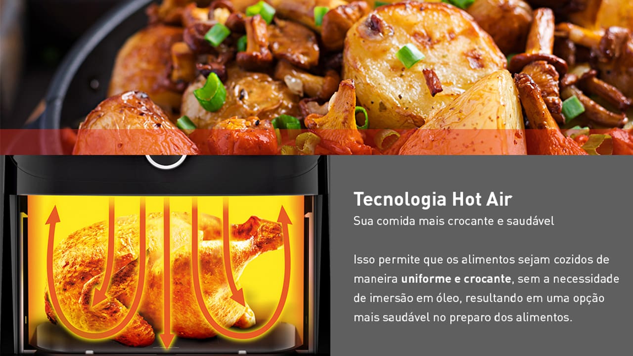 Capacidade para toda a família A Fritadeira Elétrica Sem Óleo Air Fryer Arno AFD7 Mega Digital é perfeita para grandes famílias ou ocasiões especiais, com sua capacidade de 7,5 litros. Esse espaço amplo permite preparar porções generosas para até 8 pessoas de uma só vez, garantindo praticidade e rapidez nas suas receitas favoritas. Tecnologia Hot Air para resultados Crocantes Com a avançada tecnologia Hot Air, a Air Fryer Arno AFD7 proporciona alimentos crocantes e saborosos, com menos óleo, mantendo a textura e o sabor irresistíveis. As refeições ficam mais saudáveis e nutritivas, sem abrir mão da crocância perfeita que todos amam. Painel digital com 8 programações A praticidade é garantida pelo painel digital intuitivo, que oferece 8 programas pré-definidos para preparar diversos tipos de alimentos com apenas um toque. Além disso, o temporizador ajustável de até 60 minutos com desligamento automático oferece maior segurança e tranquilidade no preparo das refeições. Potente e fácil de limpar A Air Fryer Arno AFD7 conta com um revestimento antiaderente que facilita a limpeza, tornando essa etapa muito mais simples e rápida. Com 1700W de potência, ela oferece alta performance e eficiência, proporcionando resultados incríveis em menos tempo, além de mais praticidade na sua rotina diária.