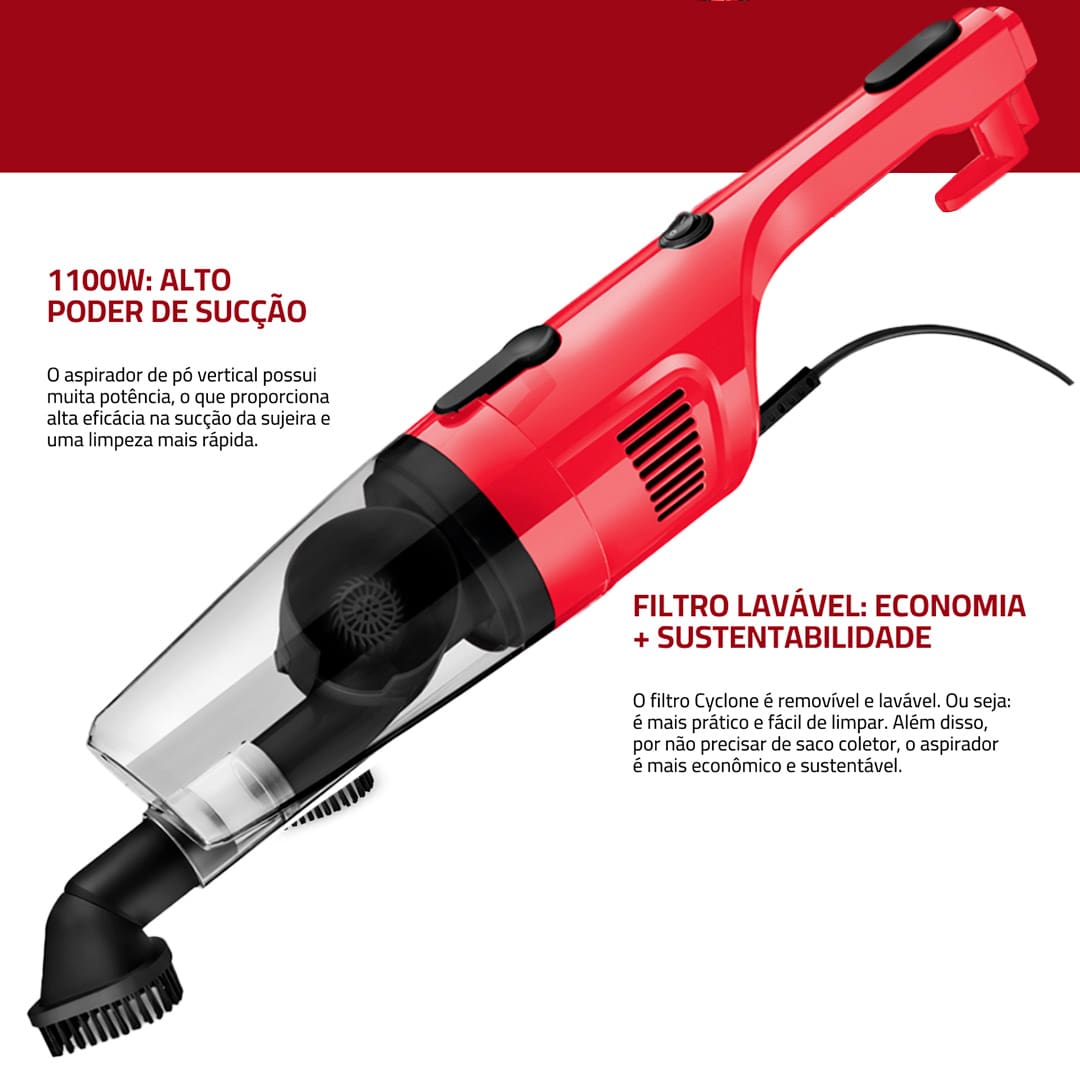 Aspirador de Pó Mondial Turbo Cycle AP36. A sensação de ver a casa limpinha é muito gratificante e, com o Aspirador de Pó Turbo Vertical Cycle Mondial AP-36, isso vai ser alcançado de forma prática e rápida! O aparelho conta com 1100W de potência, o que garante alto poder de sucção e eficiência. Além disso, o equipamento vertical se torna um produto portátil retirando a haste removível, aumentando as suas possibilidades de uso.