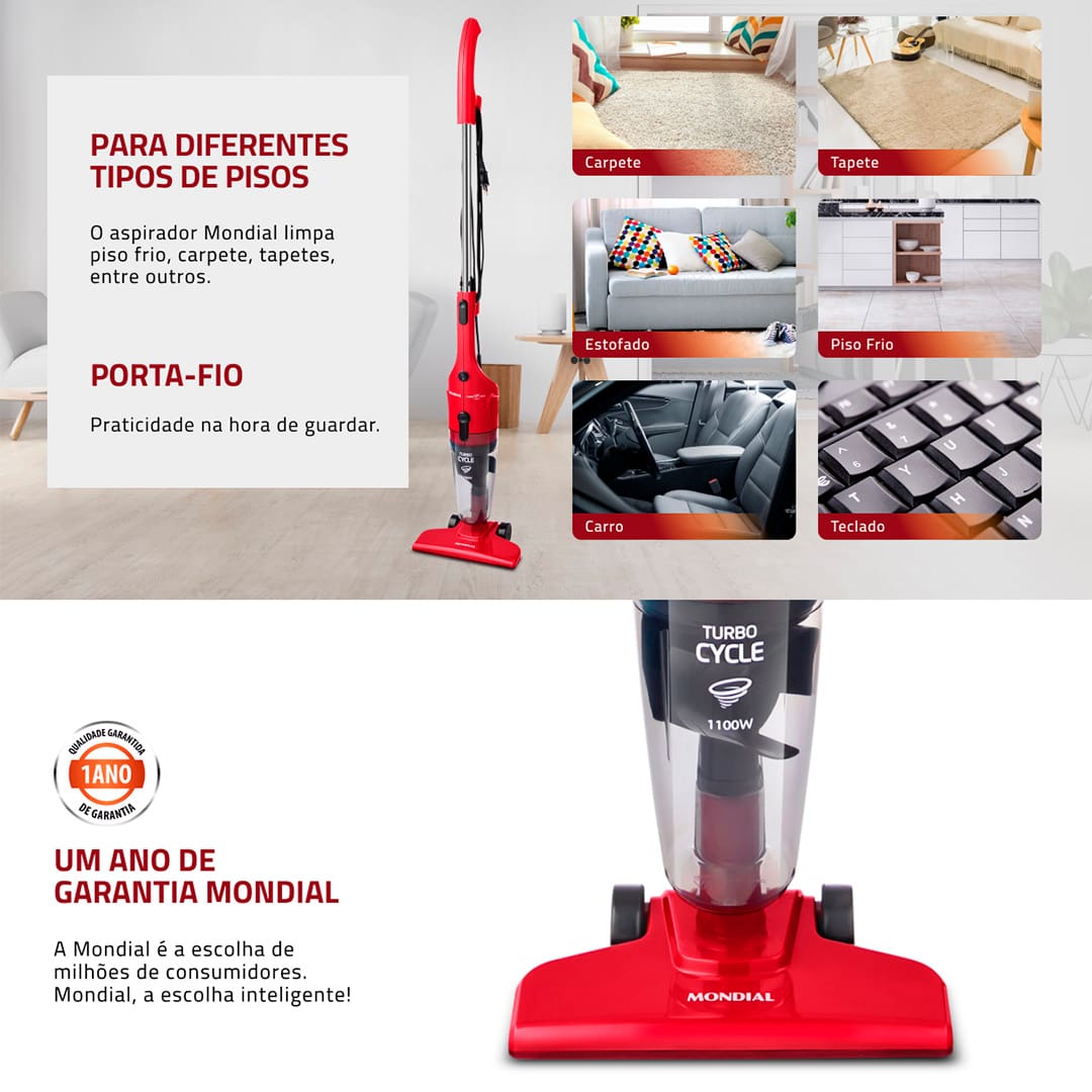 Aspirador de Pó Mondial Turbo Cycle AP36. A sensação de ver a casa limpinha é muito gratificante e, com o Aspirador de Pó Turbo Vertical Cycle Mondial AP-36, isso vai ser alcançado de forma prática e rápida! O aparelho conta com 1100W de potência, o que garante alto poder de sucção e eficiência. Além disso, o equipamento vertical se torna um produto portátil retirando a haste removível, aumentando as suas possibilidades de uso.