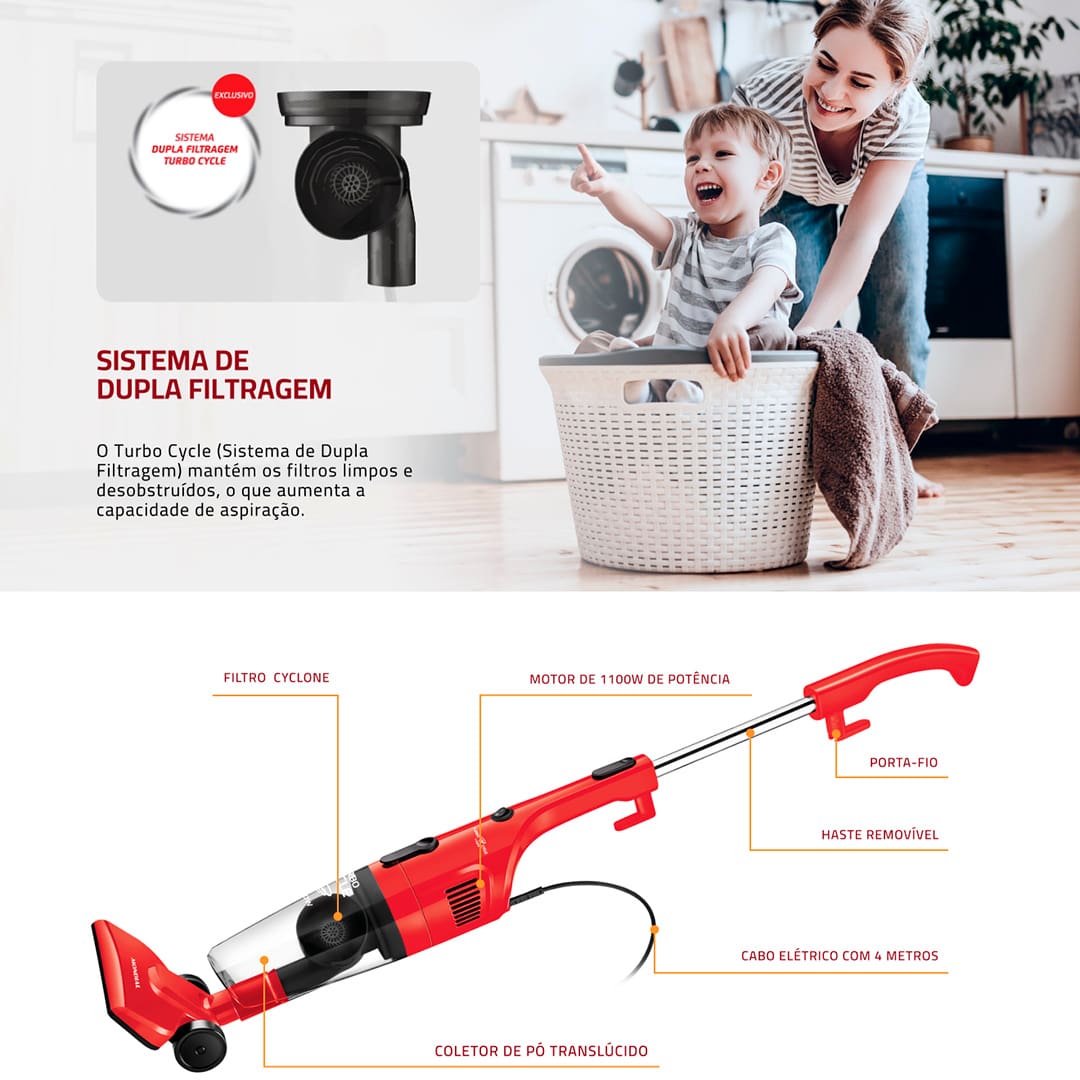 Aspirador de Pó Mondial Turbo Cycle AP36. A sensação de ver a casa limpinha é muito gratificante e, com o Aspirador de Pó Turbo Vertical Cycle Mondial AP-36, isso vai ser alcançado de forma prática e rápida! O aparelho conta com 1100W de potência, o que garante alto poder de sucção e eficiência. Além disso, o equipamento vertical se torna um produto portátil retirando a haste removível, aumentando as suas possibilidades de uso.
