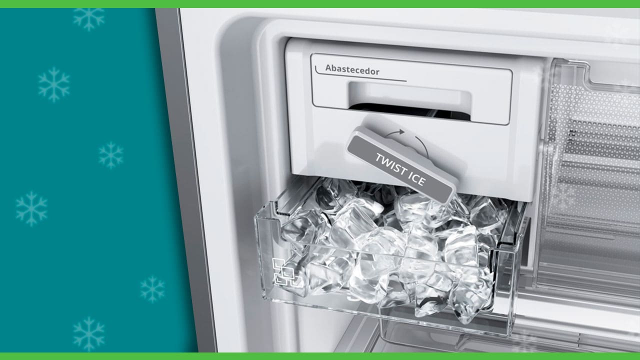 twist ice compartimento gaveta cubo pedra gelo abastecedor prateleira parte interna dentro geladeira