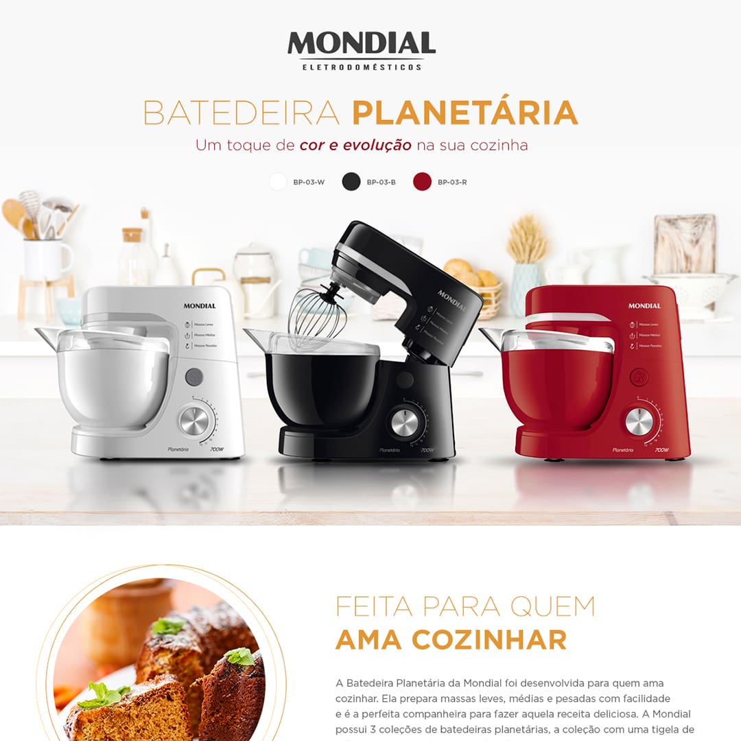 Ideal para preparo de massas desde as leves até as mais pesadas. Possui 700W de potencia que garantem a eficácia do produto. Com a Batedeira Planetária BP-03-B da Mondial o preparo das suas receitas serão super praticas e rápidas. Ela possui tampa ante respingos, que evita sujeiras indesejadas e 12 velocidades, isso mesmo! 12 Velocidades pra você usar da maneira que achar necessário. Praticidade assim você só encontra aqui na BendiCasa. Aproveite a Oferta!
